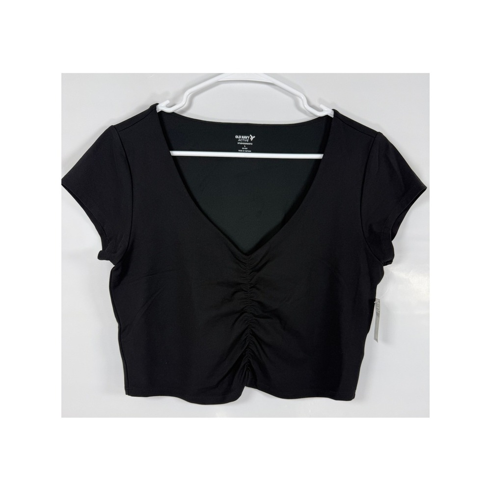 NWT Old Navy Active StudioSmooth Top Women L Black Ruched V-Neck Crop Workout